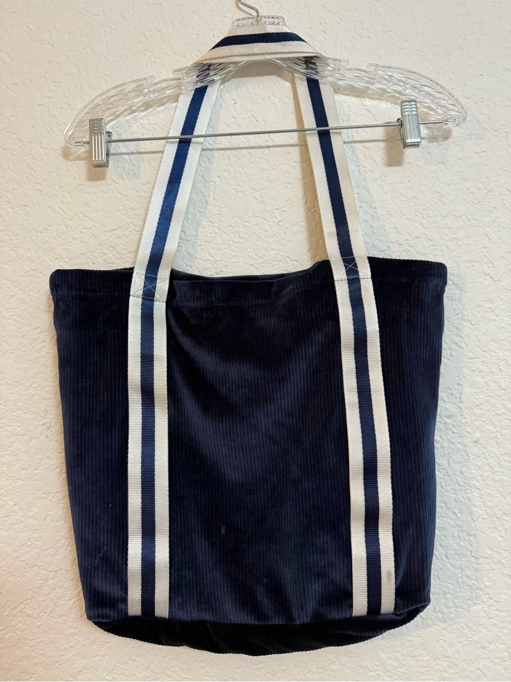 PINK Victoria's Secret Navy Corduroy Tote with White Striped Handles